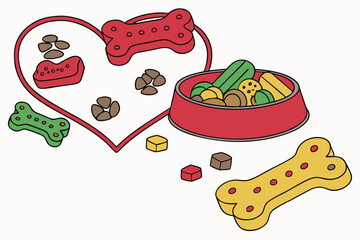 33 Colorful pet treats, Heart-shaped arrangement, Dog biscuits, Multi-colored bone-shaped cookies, Pet food photography, Overhead view, White background, Vibrant colors, Red, green, brown, and yellow 