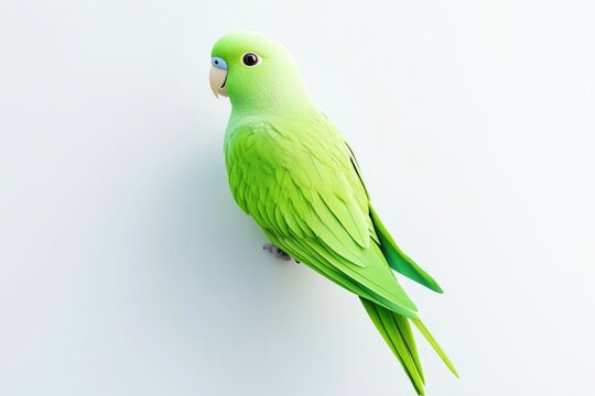 Small vibrant green parakeet perched against a clean white background in a bright studio setting.