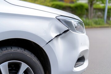 Close-up of a large crack, dent on a white car fender, indicating collision damage, requiring repair.