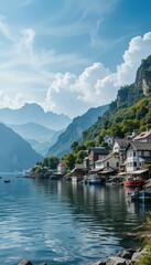 Fototapeta premium Scenic Mountain Landscape with Charming Waterfront Houses