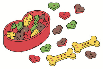 33 Colorful pet treats, Heart-shaped arrangement, Dog biscuits, Multi-colored bone-shaped cookies, Pet food photography, Overhead view, White background, Vibrant colors, Red, green, brown, and yellow 