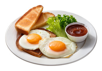 Fototapeta premium Breakfast Plate: Delicious breakfast with sunny-side-up eggs, golden toast, fresh green lettuce, and a small bowl of ketchup arranged on a white plate.