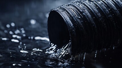 A flexible corrugated drainpipe with water dripping from its ribbed surface, captured in moody lighting