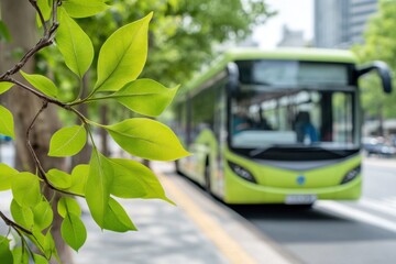 Bright green leaves in focus, blurred green bus in the background, suggesting sustainable urban transportation.