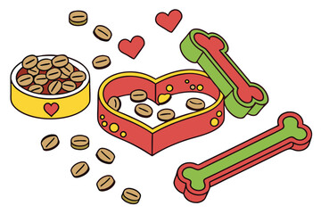 33 Colorful pet treats, Heart-shaped arrangement, Dog biscuits, Multi-colored bone-shaped cookies, Pet food photography, Overhead view, White background, Vibrant colors, Red, green, brown, and yellow 