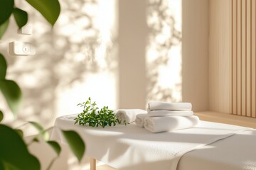 Mesa de massagem com toalhas brancas dobradas em ambiente minimalista com luz do sol filtrada por venezianas e plantas verdes ao redor, IA generativa