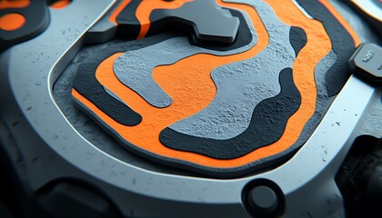 Abstract metallic texture with orange and grey patterns.