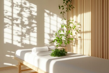 Mesa de massagem com toalhas brancas dobradas em ambiente minimalista com luz do sol filtrada por venezianas e plantas verdes ao redor, IA generativa