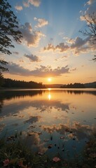 Fototapeta premium Serene Sunset Over Calm Lake with Reflections and Soft Clouds