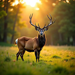 Majestic Red Deer Stag in Meadow, Golden Light, Cinematic Depth