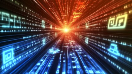 Abstract Digital Tunnel Futuristic Technology Background Red Blue Data Stream Binary Code Network Internet High Tech Innovation Modern Design Graphic 