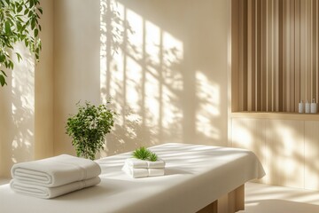 Mesa de massagem com toalhas brancas dobradas em ambiente minimalista com luz do sol filtrada por venezianas e plantas verdes ao redor, IA generativa