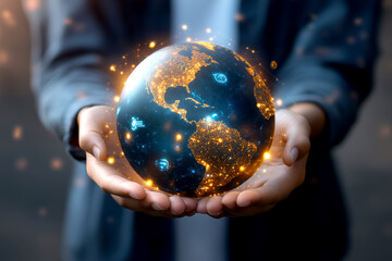 Fototapeta premium Hand holding glowing earth sphere representing technology and digital concepts