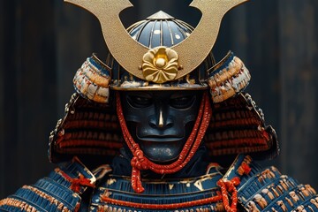 Close up image featuring a detailed samurai warrior helmet