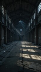 Sunlight Streaming Through Windows in Abandoned Industrial Warehouse