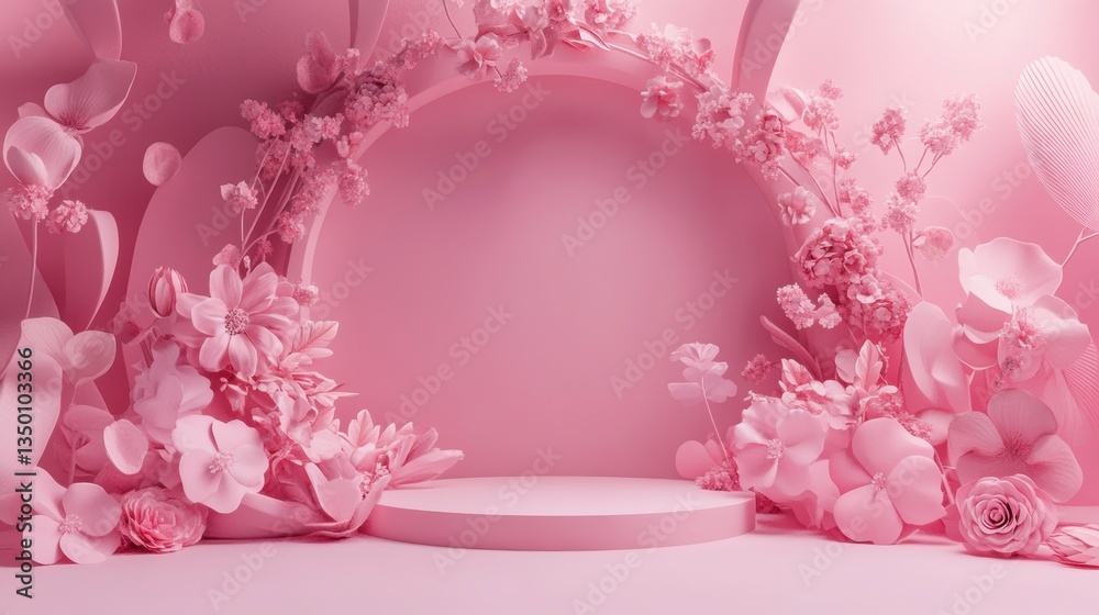 Poster Pink floral background with a circular platform for product display.