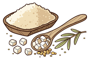 35 wooden spoon, raw sugar crystals, golden brown granules, heap of sugar, natural sweetener, organic ingredient, rustic kitchen utensil, close-up photography, white background, food styling, culinary