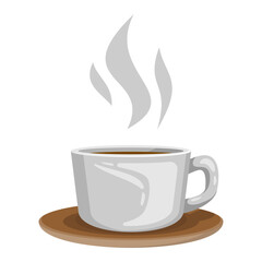 Hot Coffee Cup with Steam, White Mug and Saucer, Cafe Beverage Icon, Warm Drink Illustration, Editable Vector EPS, Isolated on White Background for Design