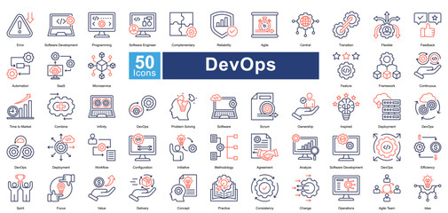 DevOps icon set in dual tone style, featuring 50 icons of automation, deployment, agile workflows, and software development. Ideal for IT operations, cloud computing, and CI/CD pipelines.
