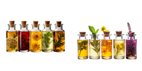 Aromatherapy Alchemy: A vibrant array of glass bottles, each meticulously filled with colorful botanical infusions and essential oils, inviting the senses to a world of therapeutic wellness.