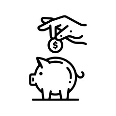 Minimal Line Art Icon of a Piggy Bank with a Coin Dropping Inside
