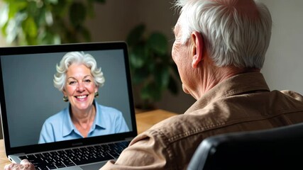 Senior man on a video call with a smiling woman on his laptop. Concept of: Staying connected and maintaining relationships virtually.