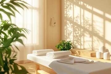 Mesa de massagem com toalhas brancas dobradas em ambiente minimalista com luz do sol filtrada por venezianas e plantas verdes ao redor, IA generativa