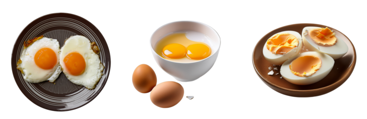 Egg Variety: Culinary Exploration featuring fried, raw, and boiled eggs in photorealistic details, showcasing their versatility and enticing textures.