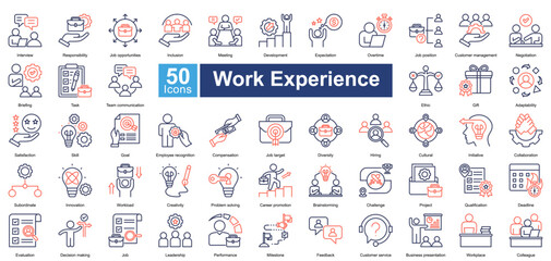 Work Experience icon set in dual tone style, featuring 50 icons of career growth, job roles, teamwork, and professional skills. Perfect for HR, employee training, and workplace management.