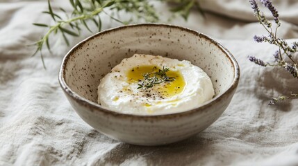 A delicate mound of ricotta cheese served in a handmade ceramic bowl, topped with a drizzle of olive oil and sprinkled with sea salt, placed on a rustic linen tablecloth