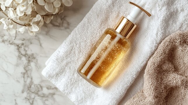 A delicate bottle of bi-phase makeup remover with shimmering oil separation, placed on a soft towel.