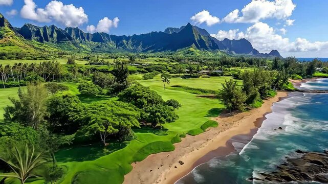 Stunning aerial view of Ha Ena Point and Tunnels Beach in Kauai, Hawaii during a clear sunny day, Aerial Ha Ena Point Tunnels beach Kauai Hawaii