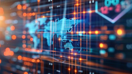 Global network data flows, digital map, server room background, technology visualization