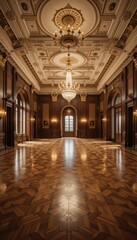 Fototapeta premium Elegant Grand Hall with Intricate Woodwork and Stunning Chandelier