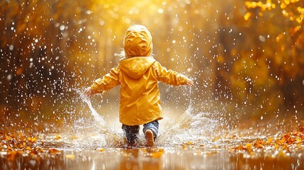 Child splashes in autumn puddle