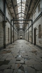 Obraz premium Abandoned Industrial Hallway with Cracked Floor and Natural Light