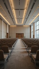 Spacious Modern Conference Hall with Rows of Chairs and Light Effects
