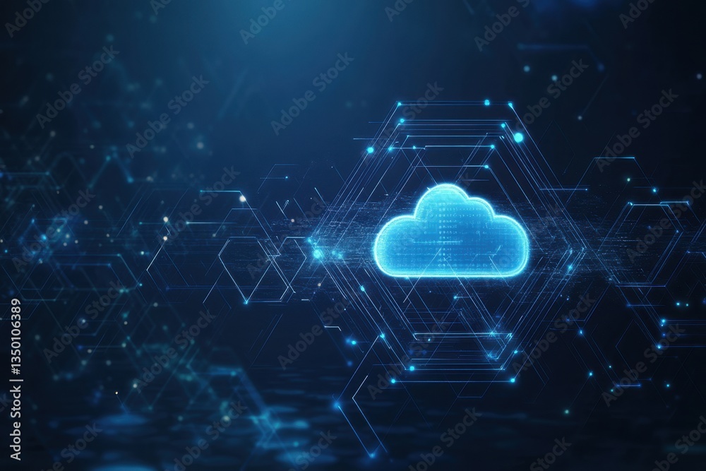 Poster cloud technology, featuring an abstract blue hexagon pattern with glowing data points and the silhou