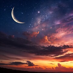 Fototapeta premium A beautiful twilight scene with a glowing crescent moon and starry sky above a colorful sunset horizon. Deep blue night blends with warm orange and red clouds, creating a peaceful and magical evening.