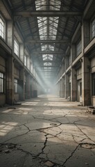 Abandoned Industrial Warehouse Interior with Natural Light Shafts