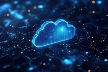 Digital technology background with blue cloud icon on a dark hexagonal pattern, symbolizing data storage and online services in a cyber security concept Generative AI