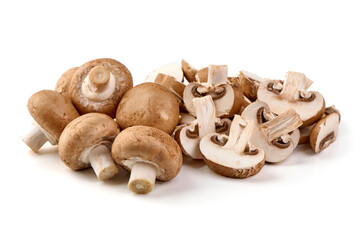 Fresh cremini mushrooms, whole and sliced, isolated on white background.