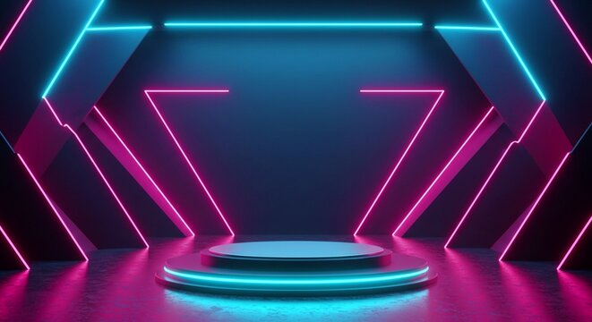 A vibrant stage bathed in neon pink and blue light, ready for a futuristic show or electrifying product launch, showcasing bold geometric patterns and a sleek circular platform.