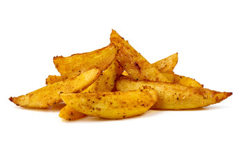 Naklejka premium Golden crispy potato wedges with seasoning, isolated on white background.