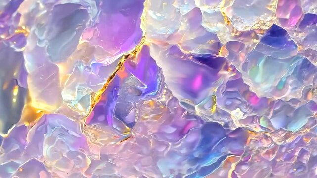 A close-up view of colorful opal stones with iridescent patterns and shimmering surfaces. The stones display a range of hues including purple, blue, and gold, creating a mesmerizing effect.
