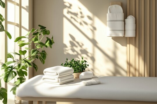 Mesa de massagem com toalhas brancas dobradas em ambiente minimalista com luz do sol filtrada por venezianas e plantas verdes ao redor, IA generativa
