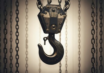 Vintage crane hook hanging from chains, symbolizing strength and durability