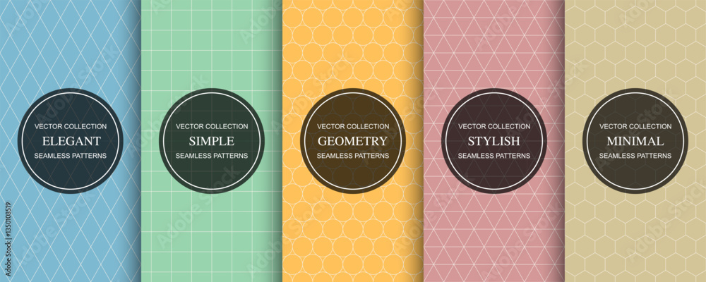 Aufkleber Collection of color seamless simple geometric patterns. Minimalistic geometry ornamental repeatable backgrounds. Grid textures - unusual endless prints