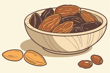 39 Wooden bowl, dates, dried fruit, brown and amber colors, glossy surface, organic texture, natural food, healthy snack, Middle Eastern cuisine, rustic setting, closeup photography, soft lighting, hi