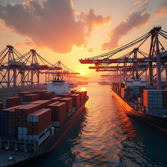 Naklejka premium Busy Cargo Shipping Port at Sunset, Industrial Atmosphere, Global Trade